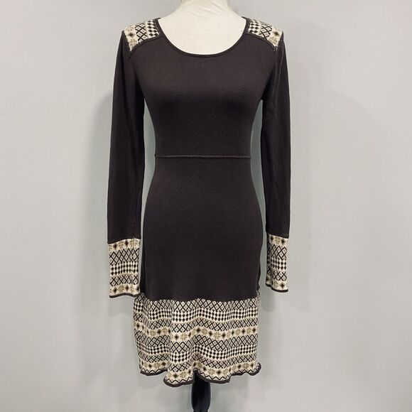 PRANA M Brown Carmen Fair Isle Alpine Knit LS Sweater Dress Wool Cashmere Blend* - Picture 1 of 16